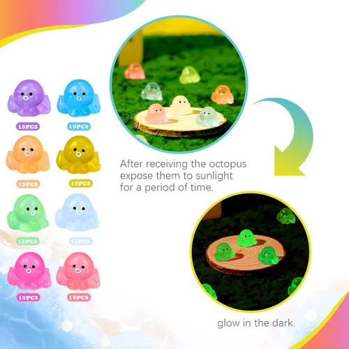 Vista 3 de 120 piezas de mini figuras luminosas de pulpo de resina, pulpo pequeño que brilla en la oscuridad, lindo pulpo en miniatura, adornos para acuario