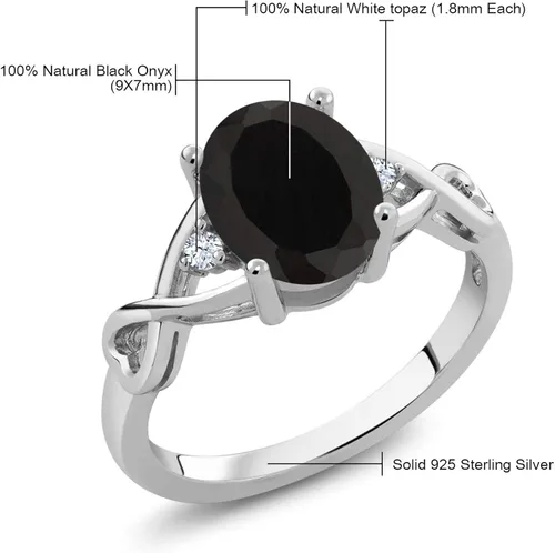 Vista 4 de Gem Stone King Anillo de compromiso de plata de ley 925 con ónix negro y topacio blanco para mujer