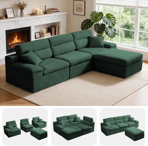 Vista 19 de Sofá modular en forma de L de 114 pulgadas con diván, sofá de pana sin hueso con otomana móvil, sofás de asiento profundo para sala de estar, sin