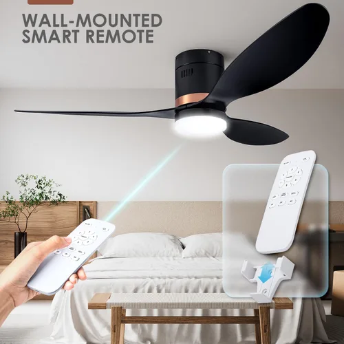 Vista 6 de 52 Inch Flush Mount Quiet Low Profile Ceiling Fan with Light and Remote Black/52
