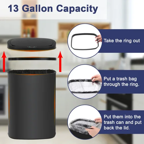 Vista 6 de Basurero de cocina con sensor de movimiento automático con tapa, cubo de basura sin contacto de 50 litros/13 galones, cubo de basura impermeable