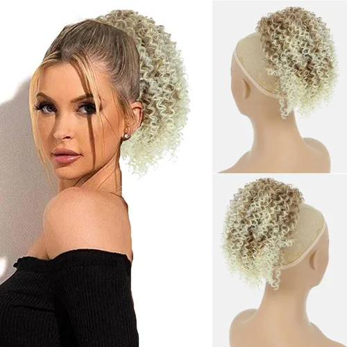 Vista 7 de Cola de caballo con cordón para mujeres negras, extensión de cola de caballo negra rizada para mujeres negras, extensiones de cabello sintético
