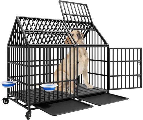 Vista 9 de Jaula indestructible para perros de 54 pulgadas, resistente a prueba de escapes, de acero, doble puerta, alta ansiedad, con ruedas, bandeja