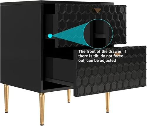Vista 3 de Mesita de noche con 2 cajones, moderna mesita de noche con pomos de latón para sala de estar, dormitorio (negro)