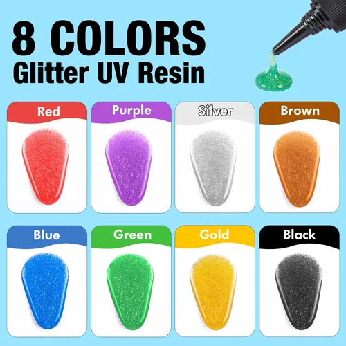 Vista 2 de JDiction Resina UV de color con purpurina, resina UV metálica de 8 colores con efecto brillante, kit de resinas de purpurina dura para fabricación
