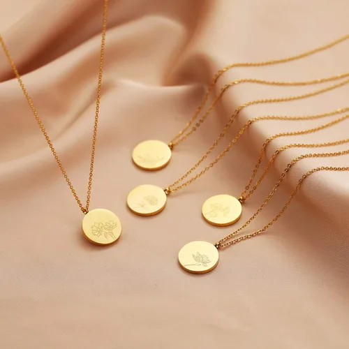 Vista 6 de FANCY SHINY Collar con dije de flor del mes de nacimiento, delicado collar de moneda dorada grabada de acero inoxidable para mujer, regalo para ella