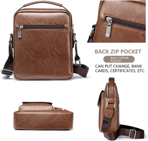 Vista 3 de MNODWLOF Bolso bandolera pequeño de cuero para hombre, bolso cruzado para trabajo, negocios, viajes, al aire libre, senderismo, correa ajustable