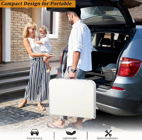 Vista 7 de Mesa plegable de aluminio, mesa de campamento multiusos para picnic, mesa rectangular portátil y ajustable, color blanco