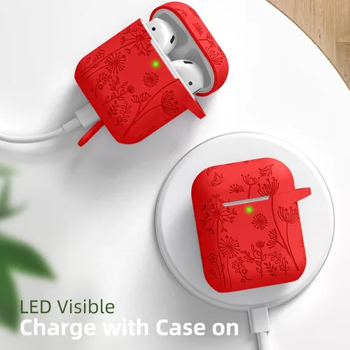 Vista 7 de Lerobo - Funda con grabado de flores para carcasa de AirPod, protector de silicona suave y elegante con llavero compatible con carcasa de carga