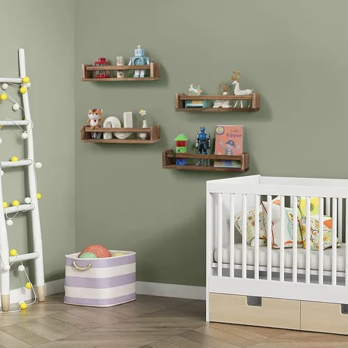 Vista 5 de Juego de 4 estantes flotantes de madera para habitación de niños, estante de libros para guardería, estante de especias de cocina (carbonizado)