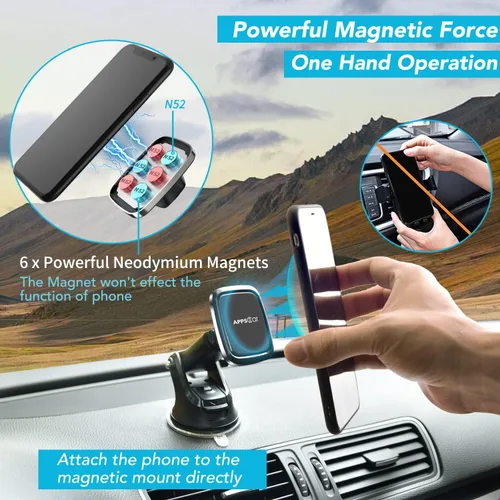 Vista 3 de APPS2Car Soporte magnético 3 en 1 para teléfono de automóvil, para salpicadero de parabrisas, ventilación de aire, soporte universal para teléfono