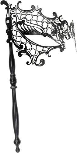 Vista 9 de Thmyo Máscara veneciana de fiesta de Mardi Gras de Halloween con palo de sujeción, máscara de mano con plumas de metal y diamantes de imitación