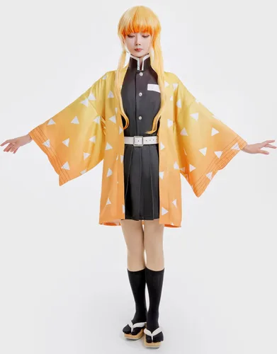 Vista 5 de Miccostumes Conjunto de uniforme de blusa y falda para mujer, kimono con abrigo