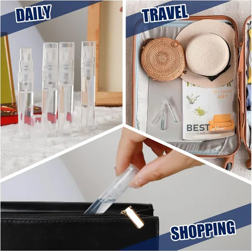 Vista 7 de Fandamei Mini botella de spray, paquete de 10 mini botellas de plástico de 0.2 fl oz vacías, mini botella de perfume recargable de niebla fina