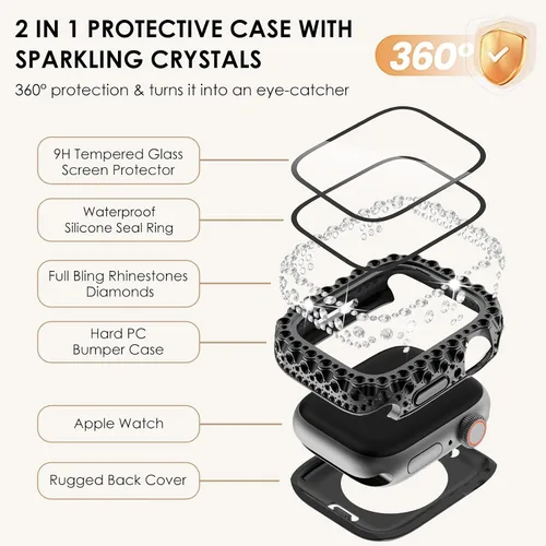 Vista 2 de Wingle 2 en 1 Funda impermeable para Apple Watch 40mm Protector de pantalla SE 3/2/1 Series 6 5 4, Bling Lace Edge Diamond Cara Cubierta Completa