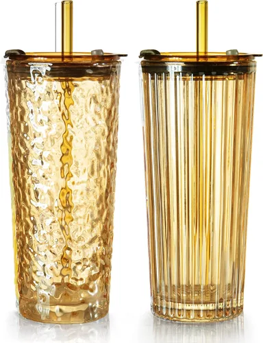 Vista 10 de Puraville Paquete de 2 vasos de vidrio de 18 onzas con tapas y pajitas, cristalería gruesa con patrón de diamante vintage para whisky, cóctel
