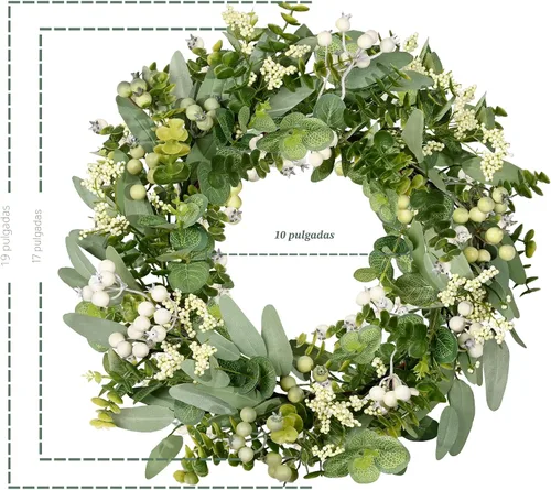 Vista 2 de Vlorart Coronas Artificiales de Primavera y Verano de Navidad de Vegetación Verde para Puerta Delantera Corona de Hojas de Eucalipto Verde