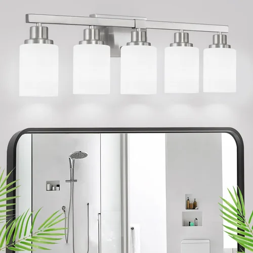 Vista 32 de Juego de 2 apliques de pared para baño, 1 luz negra, apliques de pared modernos para interiores con pantallas de vidrio blanco, lámpara de pared