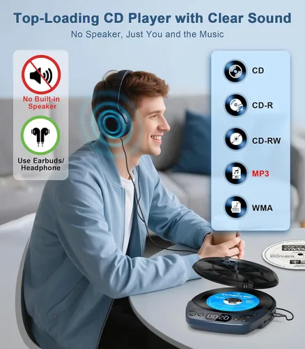 Vista 2 de Greadio - Reproductor de CD portátil con auriculares, reproductor de CD recargable para el hogar Azul