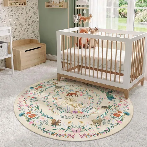 Vista 2 de jinchan Moonrise - Alfombra redonda de 5 pies para habitación de niños, lavable, suave, antideslizante, de pelo bajo, diseño de cuento de hadas