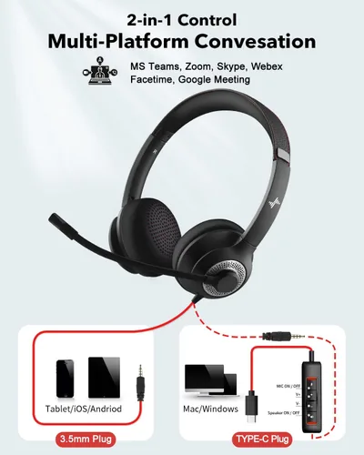 Vista 5 de EAGLEND Auriculares con micrófono para auriculares con cable de PC, auriculares USB C de 0.138in con micrófono de cancelación de ruido para laptop