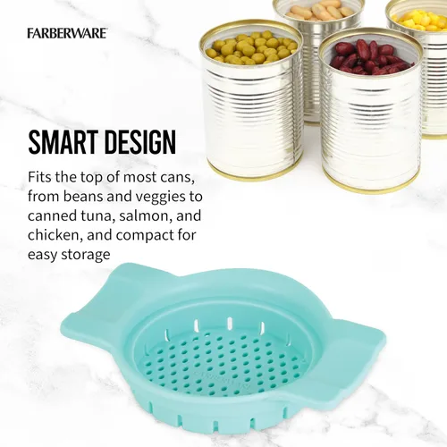 Vista 5 de Farberware Colador y colador de latas clásico, Aqua Sky, colador de tapa a presión para atún, verduras enlatadas, pasta, frutas, se adapta a latas