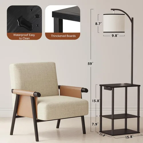 Vista 3 de Lámpara de pie SUNMORY con mesa, mesa auxiliar para sala de estar con lámpara, mesa lateral con estantes y estación de carga (puerto USB y AC)
