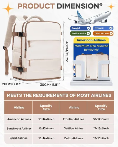 Vista 3 de Mochila de viaje grande, bolsa de mano, aprobada para aviones, para artículos personales, para hombre o mujer, color beige con marrón