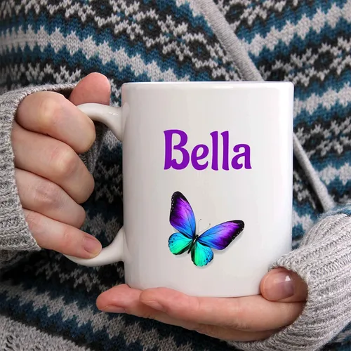 Vista 2 de Bella Taza de café – Taza de cerámica personalizada de mariposa con nombre, taza personalizada, regalo personalizado de cumpleaños/Navidad, regalo