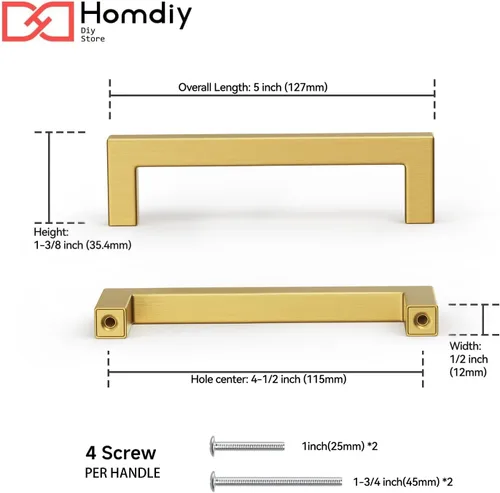 Vista 2 de Homdiy Paquete de 6 tiradores de bronce cepillado de 4- 1/2 pulgadas, herrajes dorados, cuadrados para gabinete de cocina, armarios; 4- 1/2 pulgadas