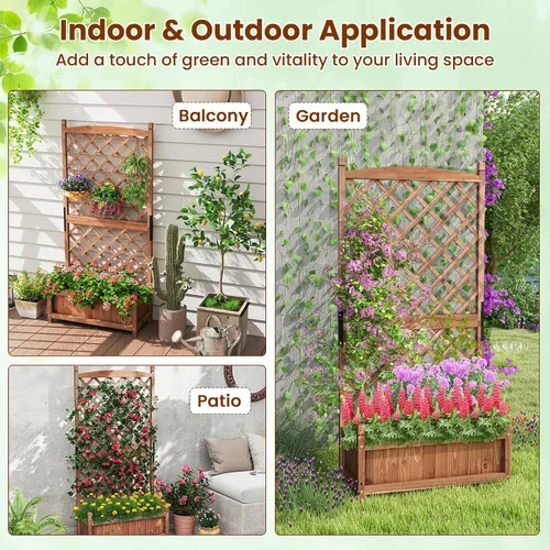 Vista 9 de Giantex Cama de jardín elevada con enrejado, contenedor de madera de 60 pulgadas con agujeros de drenaje, enrejado alto para colgar macetas