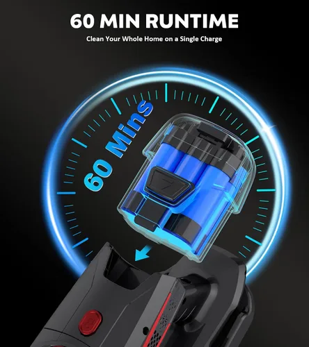 Vista 5 de Aspiradora inalámbrica, 500W 45Kpa 60 minutos, aspiradora de pie para el hogar, aspiradora autoportante con recipiente de polvo de 1.5L y filtro