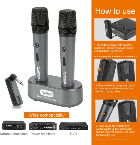 Vista 11 de Micrófono inalámbrico platino para entrada de micrófono UHF Metal Dinámico Micrófono multipropósito con base y receptor recargable Rango de 160 pies