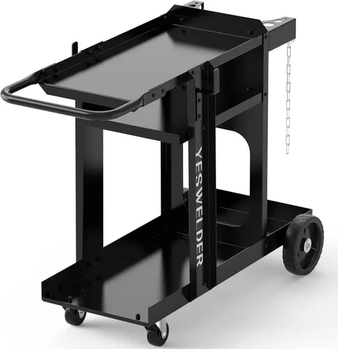 Vista 12 de YESWELDER Carro de Soldadura, de 2 Niveles con 2 Cajones para Soldador MIG, Soldador TIG y Cortador de Plasma, Almacenamiento de Tanques, Cadenas