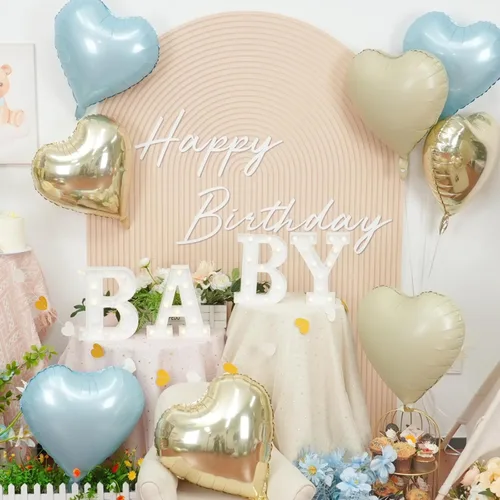 Vista 3 de Globos de corazón azul, dorado y blanco, 18 pulgadas, globos de papel de aluminio azul bebé y crema, 12 piezas, globos de helio en forma de corazón