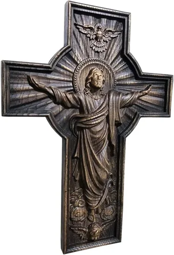 Vista 3 de Crucifijo de madera Crucifijo Salvador Jesús. Cruz católica tallada en madera religiosa. regalo cristiano grande