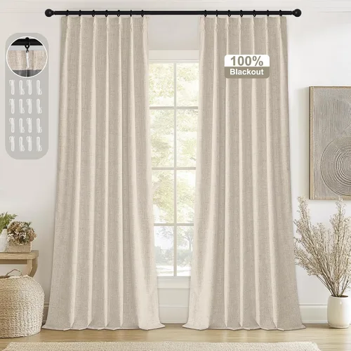 Vista 19 de StangH Cortinas Opacas con Pliegues Pinzados para Dormitorio, Cortinas de Ventana con Textura de Lino Beige con Ganchos, Aislante de Energía Neutro