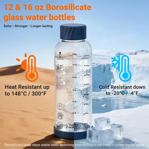 Vista 4 de Botellas de jugo de vidrio de 12 onzas – Pack de 4 botellas de agua de vidrio con tapas de acero inoxidable – A prueba de fugas, sin BPA, vidrio