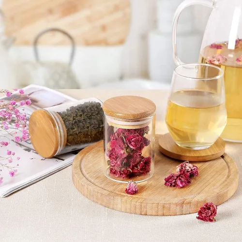 Vista 6 de Tarros de vidrio con tapas herméticas de madera de bambú, tarros de especias de 6 onzas y 10 onzas, recipientes de almacenamiento de alimentos