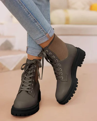 Vista 2 de VETASTE Botas de tobillo con cordones para mujer, puntera redonda, tacón bajo y grueso, botines de combate de invierno