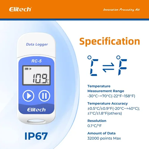 Vista 3 de Elitech Registrador de datos de temperatura USB RC-5 32000 puntos de alta precisión (paquete de 3)