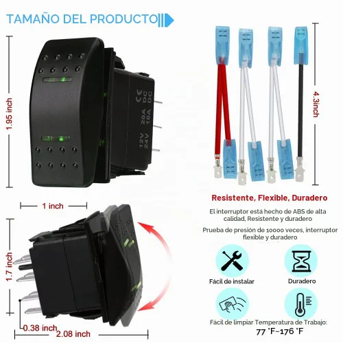 Vista 4 de Interruptor basculante momentáneo (ON) - Apagado (ON) Impermeable 12V/20A 24V/10A 7Pin DPDT luz LED verde, con cables de puente para barco