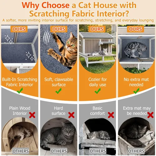 Vista 2 de PetsCosset Casa para gatos al aire libre, refugio de madera para gatos con interior de tela rascadora incorporada, diseño de 2 pisos resistente a