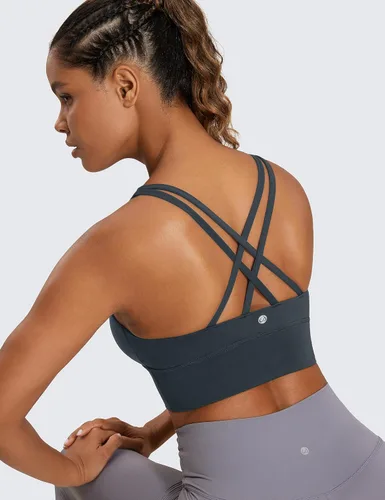 Vista 3 de CRZ YOGA Brasier deportivo con tirantes delgados para mujer, de impacto medio, con relleno cruzado y relleno para yoga