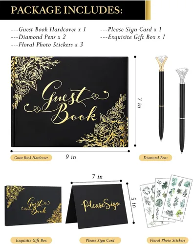 Vista 2 de Libro de invitados de boda negro - Libro de invitados para recepción de boda con bolígrafos - 9x7' Libro de invitados de boda personalizado