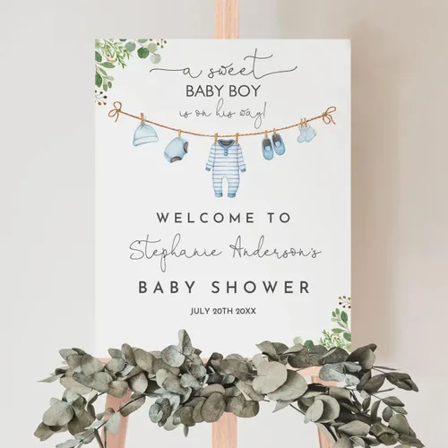 Vista 2 de Señal de Bienvenida Personalizada para Baby Shower de Niño, Señal de Baby Shower Niño, Decoraciones de Baby Shower Azul Boho de Oso Sol, Aquí Viene
