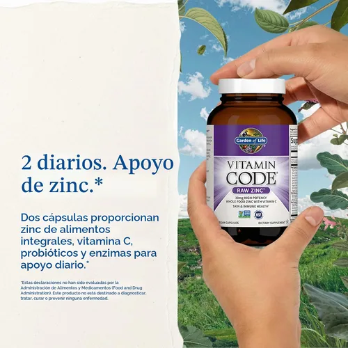 Vista 7 de Garden of Life Suplemento de zinc crudo Vitamin Code de 30 mg, 60 cápsulas