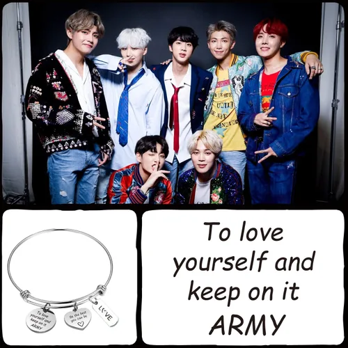 Vista 6 de LACAKU - Pulsera para niño, Kpop, BTS, Bangtan, dijes con textos en inglés, amarte a ti mismo, A.R.M.Y, regalo de joyería para niños, acero