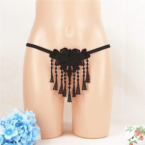 Vista 4 de Tangas de encaje sexy con borlas de perlas para mujer, ropa interior de tiro bajo con espalda en T