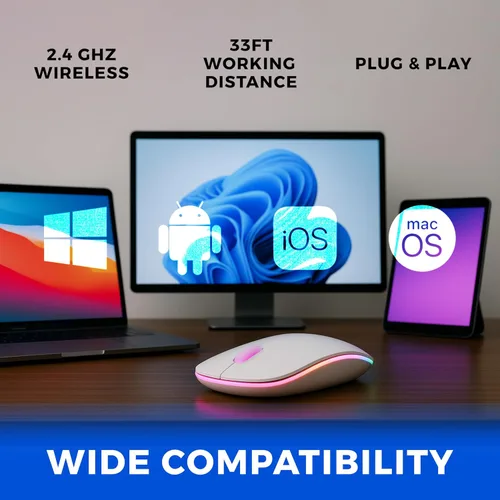 Vista 8 de Mouse inalámbrico – Silencioso, recargable, luz RGB, USB de 2.4 GHz, mouse delgado ergonómico para laptop, Mac, oficina, PC
